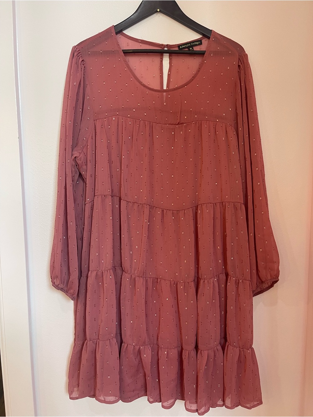 Tiered Long Sleeve Dusty Rose Dress with Metallic Dot Detail